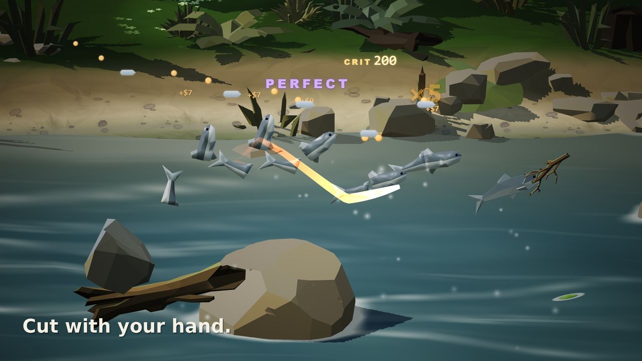 A school of salmon cut mid-air, the claw trail through them, PERFECT and CRIT 200 popping over the river.