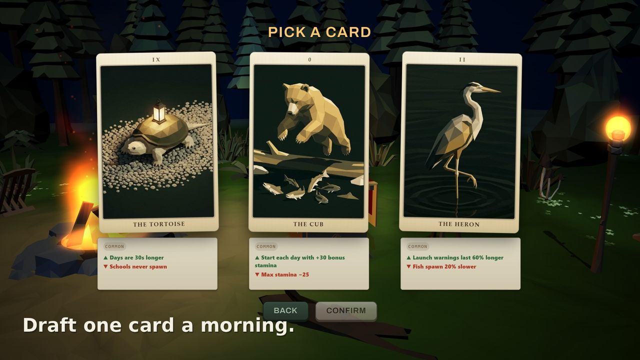 PICK A CARD at the campsite: three cards dealt on the fire-lit ground, each with an upside and a downside.