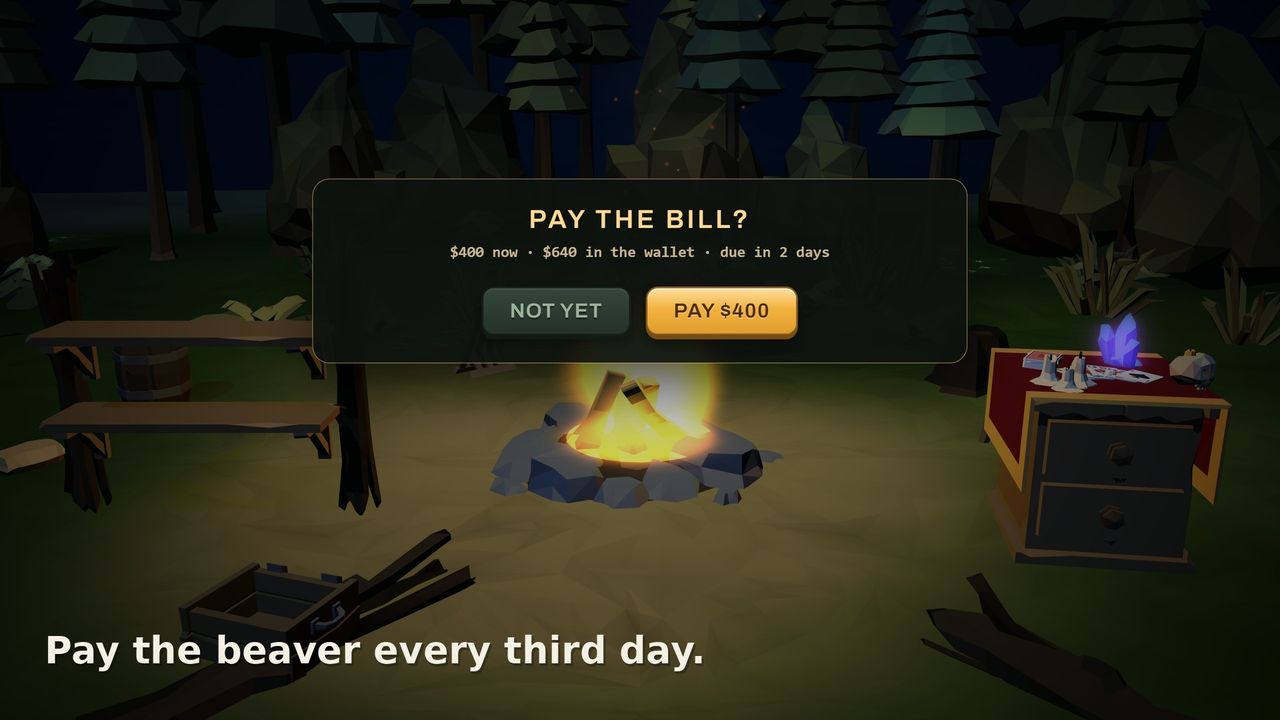 PAY THE BILL? — the sum due, the wallet, the days left, PAY or NOT YET, the camp behind.