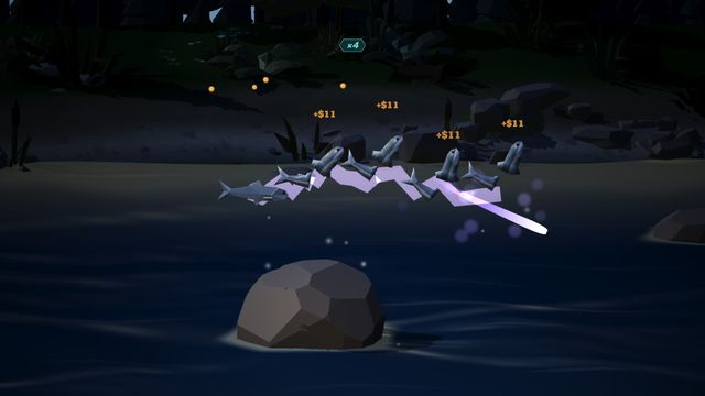 Lightning claws at night: an arc runs through a school, +$11 on every fish.