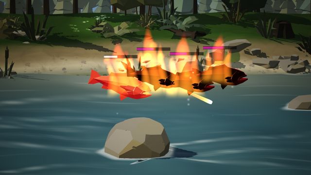Fire claws: a row of salmon burning, the fire spreading from fish to fish.