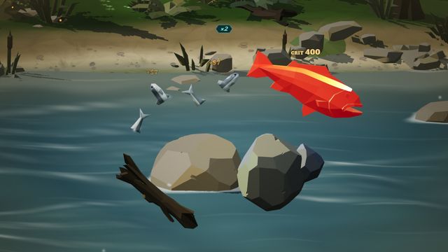 Rocks, a boulder and a log in the water, and a big red salmon cut for CRIT 400.