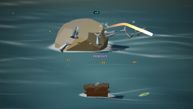 A chest floats past while a school is cut over a rock.