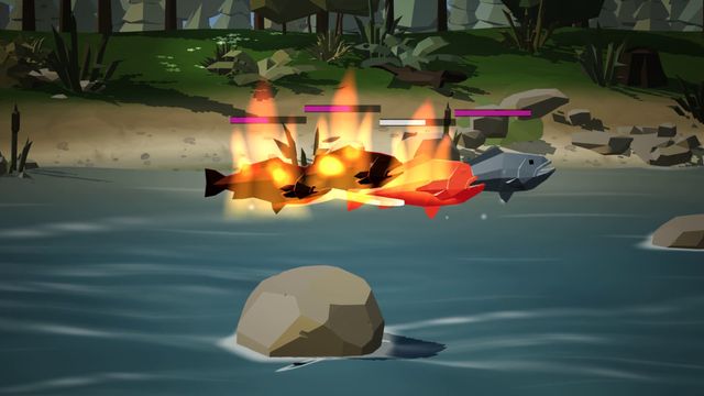 A fire swipe sets a row of salmon burning, and it spreads.