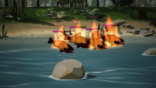 One swipe sets a row of salmon burning, and the fire spreads from fish to fish.