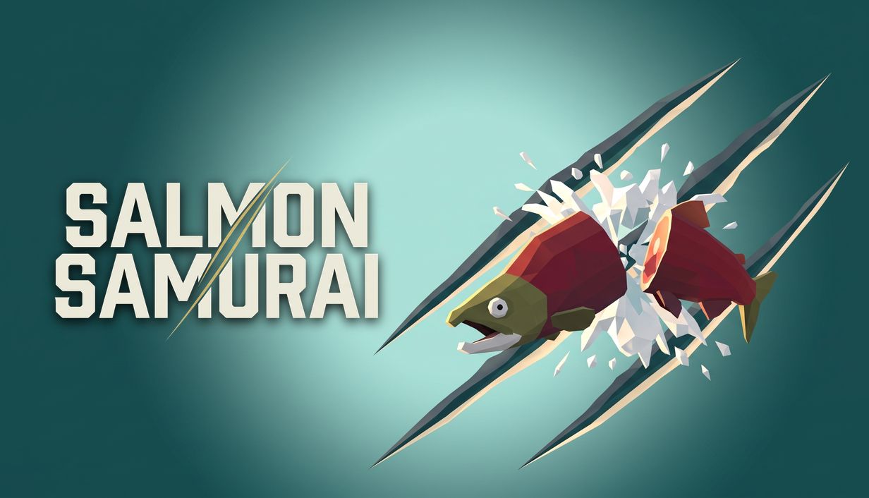 Salmon Samurai: the logo beside a low-poly salmon cut in two by claw marks.