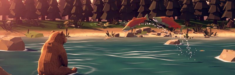 A low-poly bear sits in the river at sunset while two salmon leap upstream.