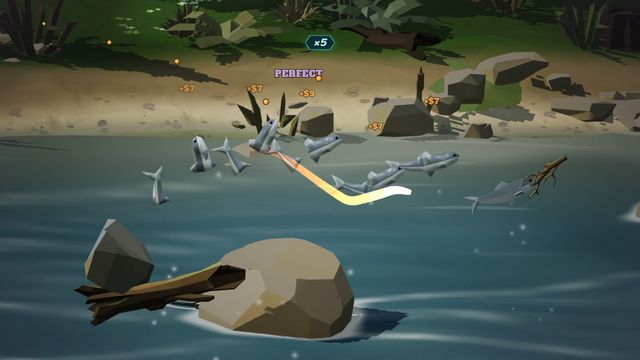 One swipe cuts a leaping school of salmon over the rocks.