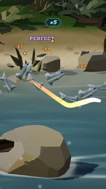 One swipe cuts a leaping school of salmon over the rocks.